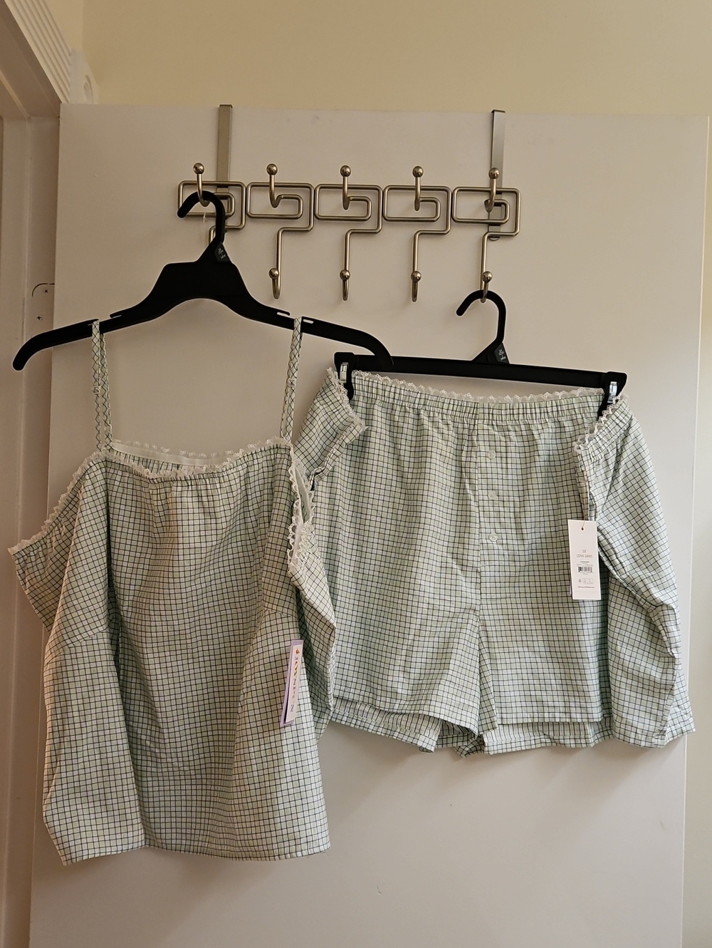 NWT Joyspun Womens 3X Grid Plaid Woven Cami & Shorts Pajama Set Green White